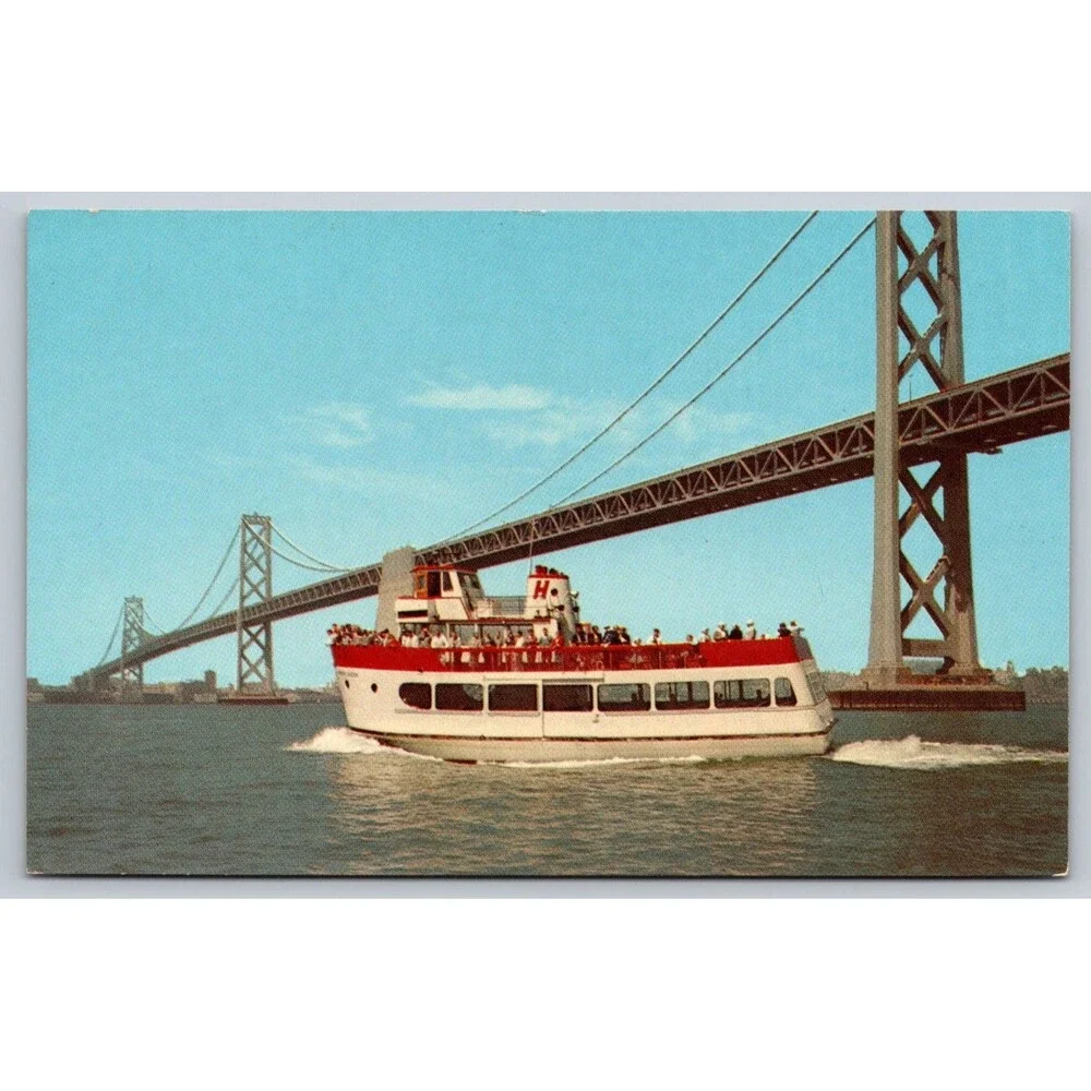 Vintage San Francisco Postcard MS Harbor Queen Tour Boat Bay Bridge Mirro-Krome